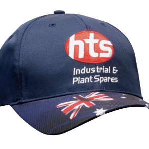 A navy cap featuring a branded logo and an Australian flag design on the brim.