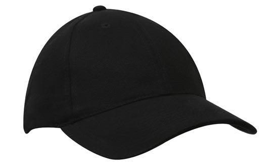 A black premium brushed heavy cotton cap with a curved peak and a logo on the front.