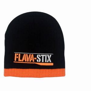 A black and orange two-tone cable knit beanie featuring a logo.