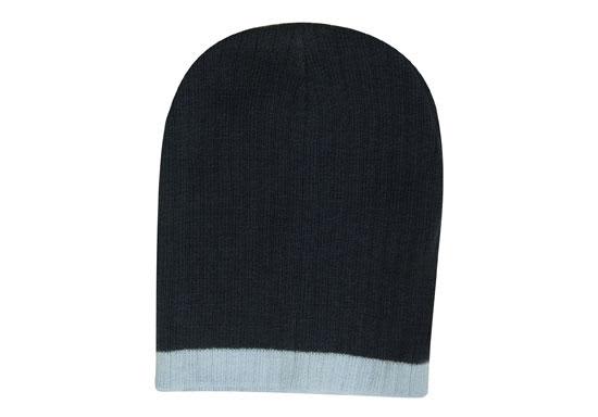 A two-tone cable knit beanie in dark grey with a light grey brim. Features a branding logo.