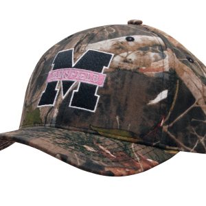 A camouflage 6-panel cap featuring a logo, with a mix of greens, browns, and natural patterns.