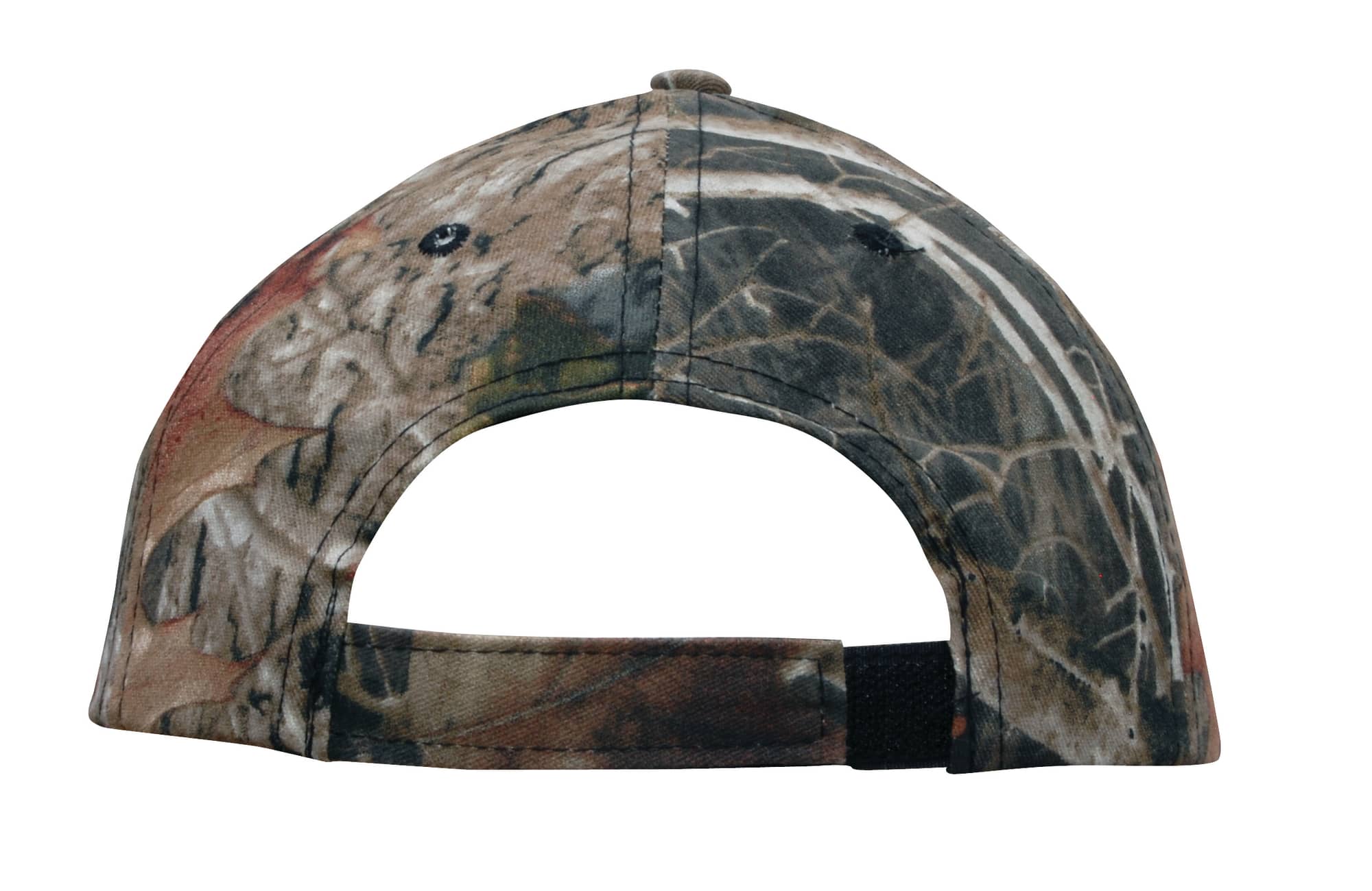 A camouflage cap featuring a mix of browns and greens, with an adjustable back strap and a logo.