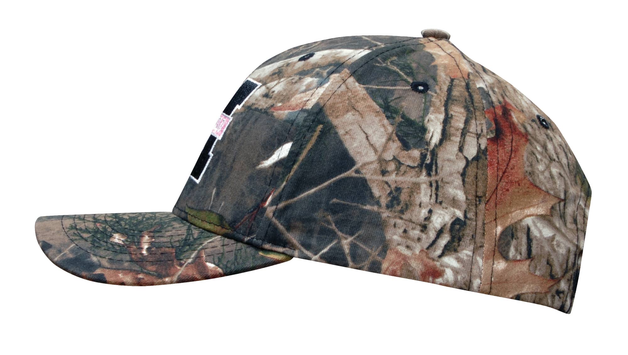 A camouflage cap featuring a leaf and bark pattern. It has a curved brim and includes a logo on the side.