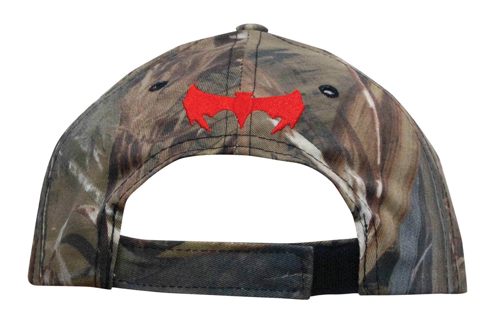 A camo 6-panel cap featuring a vibrant red logo on the back. The design includes shades of green and brown.