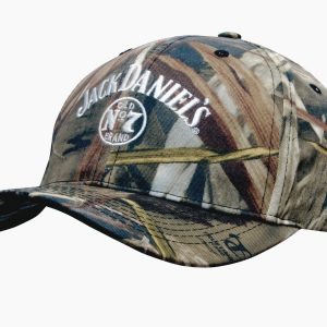 A camouflage cap featuring a full brim and a logo, predominantly in earthy tones of green, brown, and tan.
