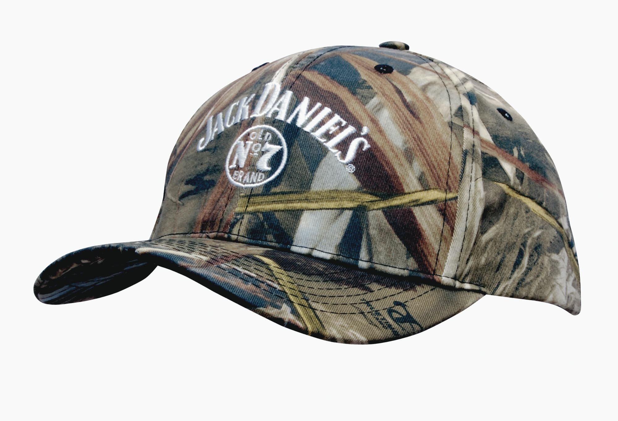 A camouflage cap featuring a full brim and a logo, predominantly in earthy tones of green, brown, and tan.