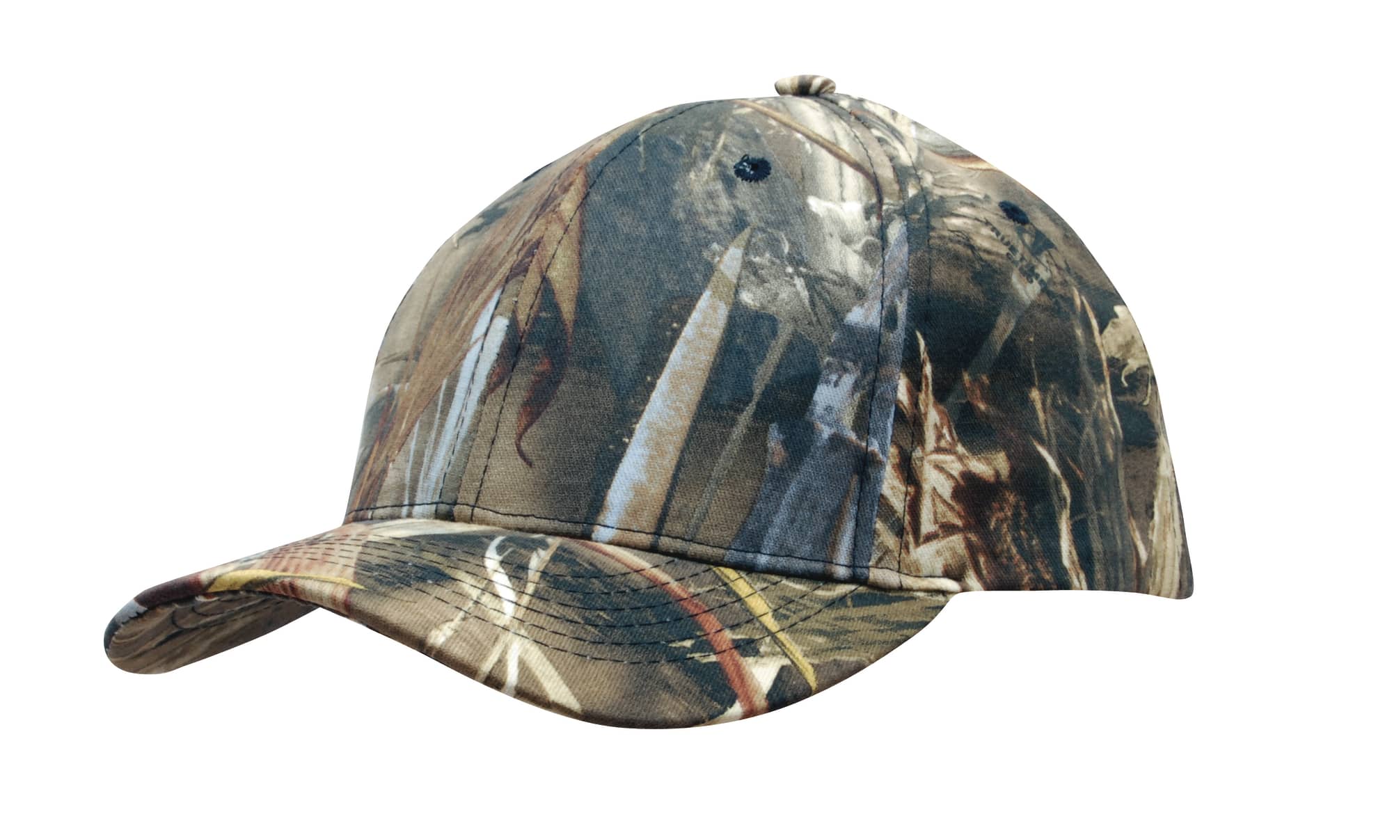 A camouflage 6 panel cap in earthy tones featuring a curved brim and a logo on the front.