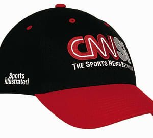A black cap with a red brim, featuring a logo and branding on the front and side.