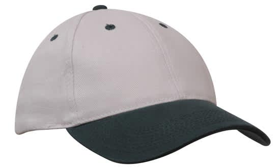 A brushed heavy cotton cap in white with a green visor, featuring a logo on the front.
