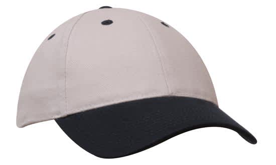 A two-tone cap featuring a beige crown and a black peak. The cap has an adjustable strap and a logo.