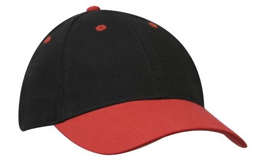 A black cap with a red peak and stitching details, featuring a logo on the front.