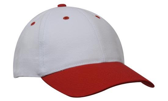A red and white brushed heavy cotton cap with a curved visor and a logo on the front.