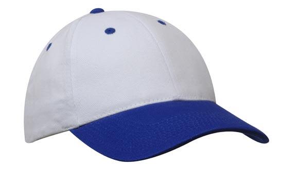 A cap featuring a white crown and a blue brim, with contrasting blue stitching and a logo on the front.