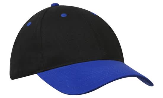 A black cap with a blue peak and stitching, featuring a logo on the front.