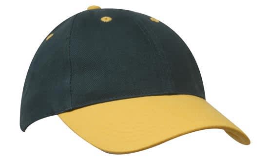 A green and yellow brushed heavy cotton cap featuring a logo on the front.