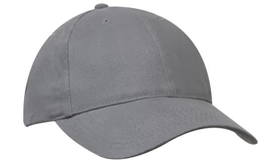A grey brushed heavy cotton cap featuring a rounded crown and a curved brim. It includes a logo on the side.