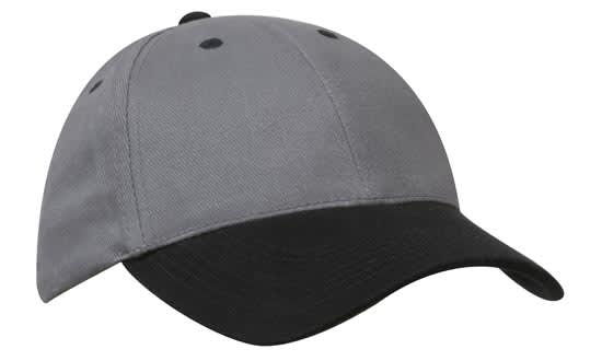 A grey and black brushed heavy cotton cap with a logo on it, featuring a structured design.
