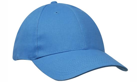A blue brushed heavy cotton cap with a curved peak and a logo on the front.