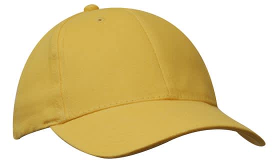 A yellow brushed heavy cotton cap with a curved peak and a logo on the front.