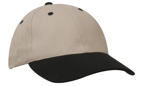 A brushed heavy cotton cap featuring a beige top and a black peak, with ventilation holes and a logo.