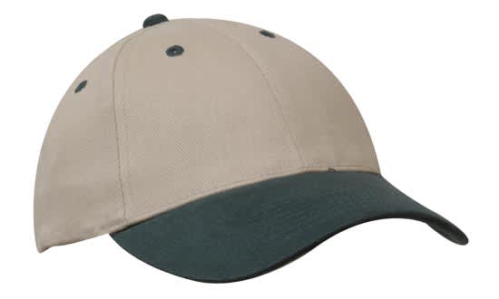 A brushed heavy cotton cap in khaki with a dark green peak. Features a logo on the front.