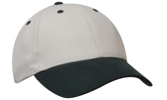 A brushed heavy cotton cap in cream and dark green, featuring a logo on the front.