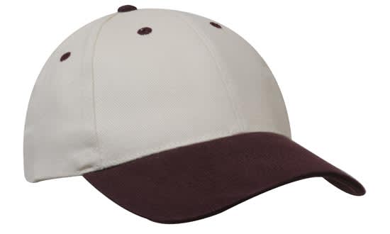 A beige cap with a dark brown peak and stitching, featuring a logo on the front.