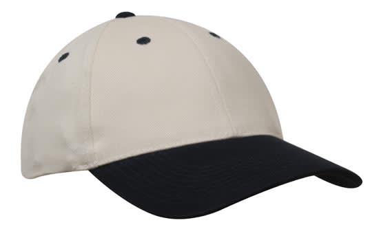 A beige and black brushed heavy cotton cap featuring a logo on the front and ventilation eyelets.