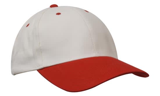 A brushed heavy cotton cap featuring a white crown and a red peak, with stitching details and a logo.