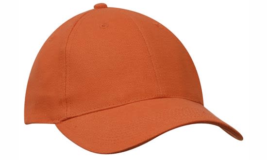 An orange brushed heavy cotton cap with a curved peak and a logo on the front.