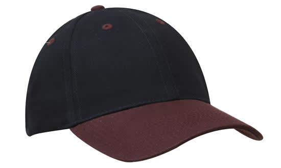 A black and maroon brushed heavy cotton cap with a curved brim and eyelet venting. Features a logo.