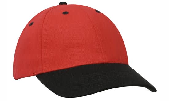 A red and black brushed heavy cotton cap featuring a logo on the front.
