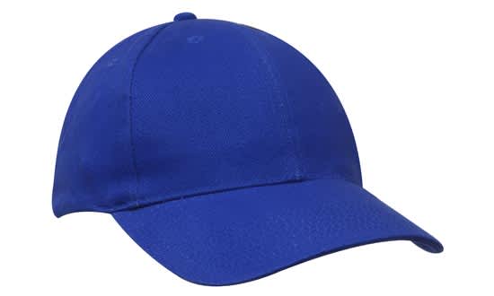 A blue brushed heavy cotton cap featuring a logo on the front.