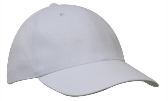 A white brushed heavy cotton cap with a curved peak and a logo on the side.