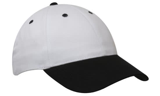 A white and black brushed heavy cotton cap with a curved visor and a logo on the front.