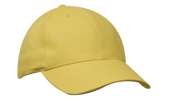 A yellow brushed heavy cotton cap with a rounded shape and a curved peak, featuring a logo.