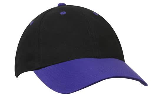 A black cap with a purple brim and accent details, featuring a logo on the front.