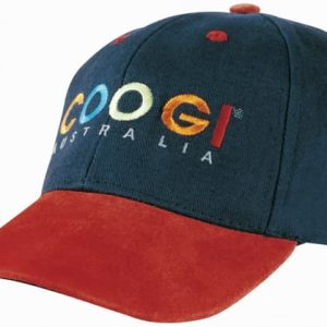 A navy cap with a suede peak in rust, featuring a logo on the front.