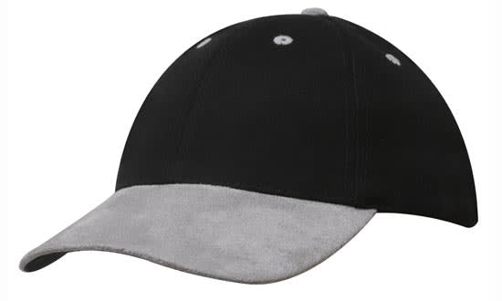 A black cap with a grey suede peak, featuring multiple ventilation holes and a branding logo.