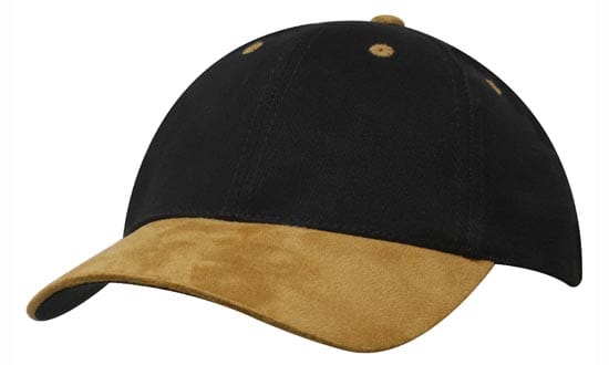 A black cap with a suede peak in a tan colour, featuring stitching and a logo.
