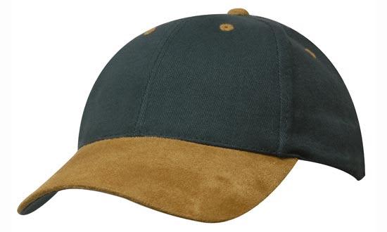 A dark green cap with a suede tan peak and stitching, featuring a logo on the front.