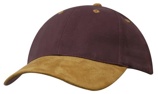 A brown cap with a suede peak, featuring a logo on the front and ventilation holes.
