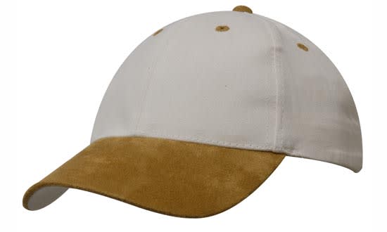 A white cap with a suede peak in a tan colour, featuring a logo on the front.