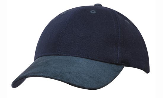 A navy blue cap with a suede peak, featuring a logo on the front.