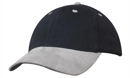A navy cap with a suede peak, featuring stitching details and a logo.