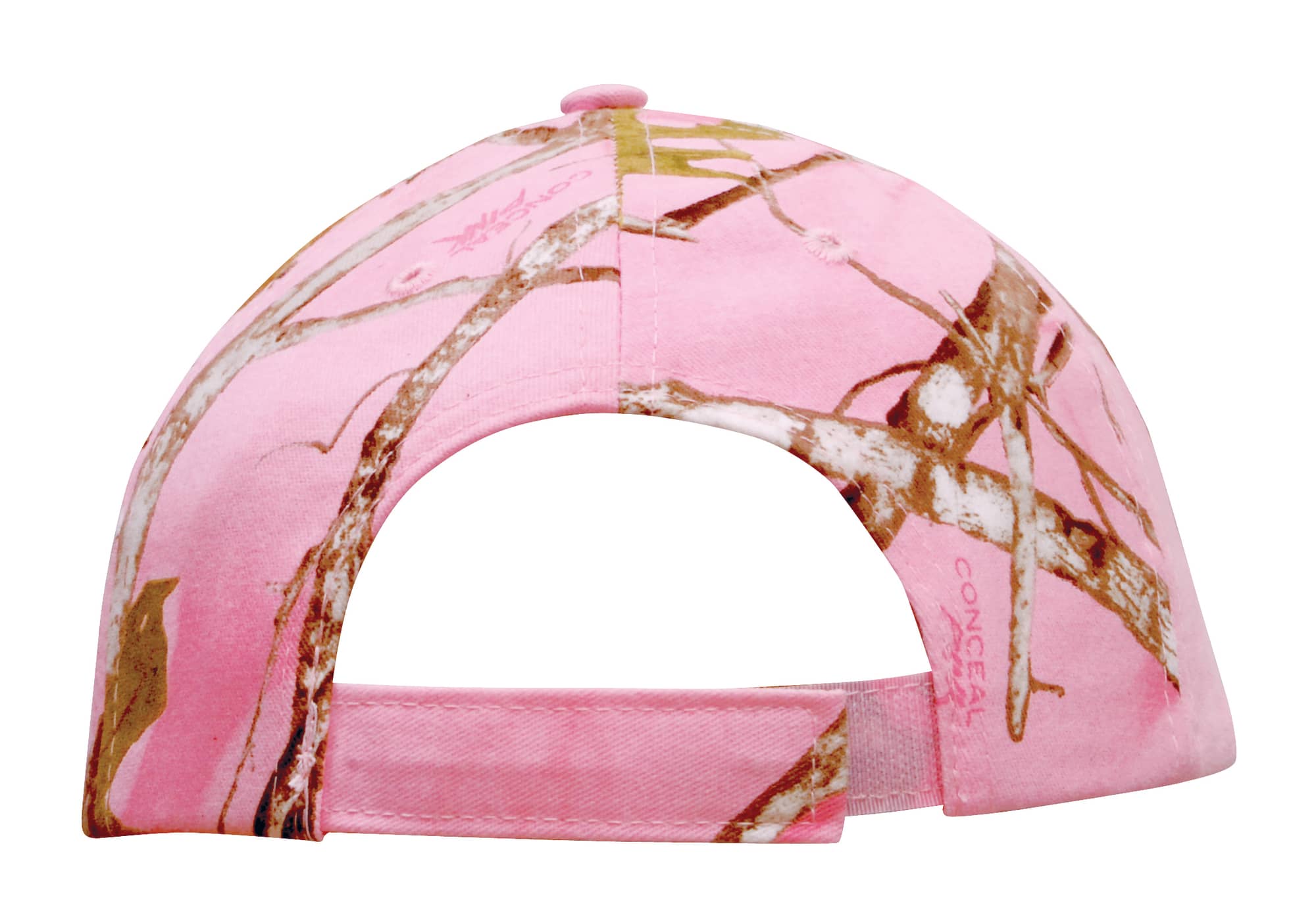 A pink camouflage cap featuring a floral pattern and an adjustable strap at the back. It includes a logo.