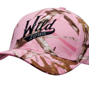 A pink camouflage 6-panel cap featuring a logo, with branches in shades of brown and pink.