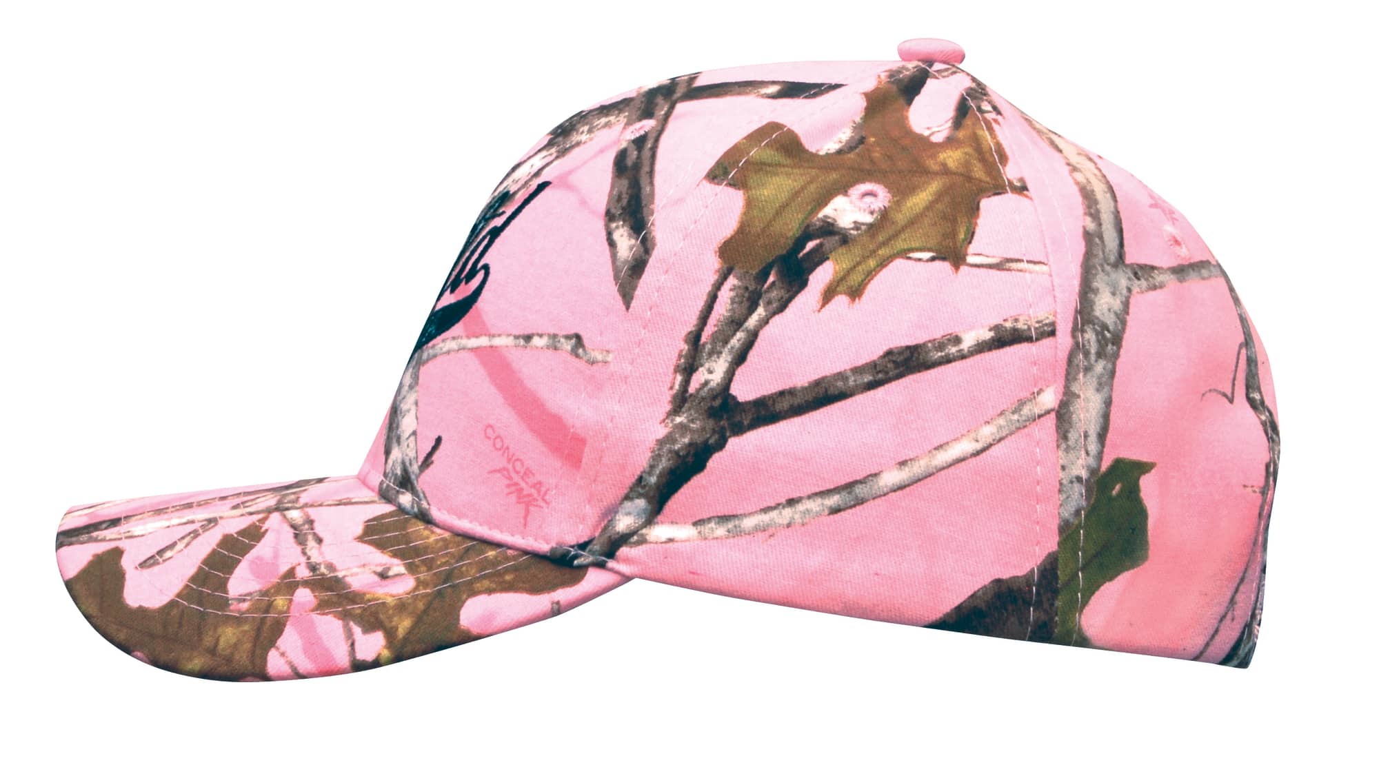 A pink cap featuring True Timber camouflage pattern, with a curved brim and a logo on the side.