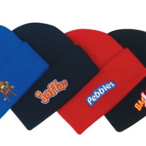 Four acrylic children's roll-up beanies in blue, red, and black, featuring various logos on each.