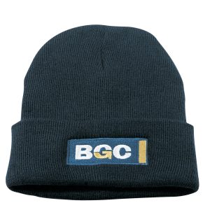 A dark green wool/acrylic roll-up beanie with a logo on the front.